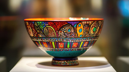 A colorful bowl with detailed artistic patterns, showcasing bold hues and intricate designs in a visually striking displayの素材