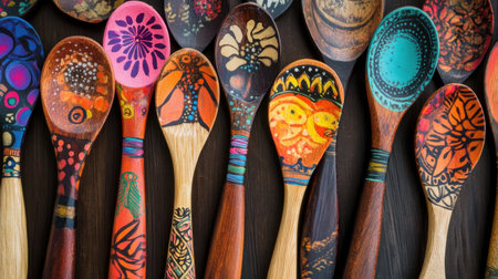 A collection of hand-painted wooden spoons, displayed together, showcasing vibrant colors and intricate designs on natural wood surfacesの素材