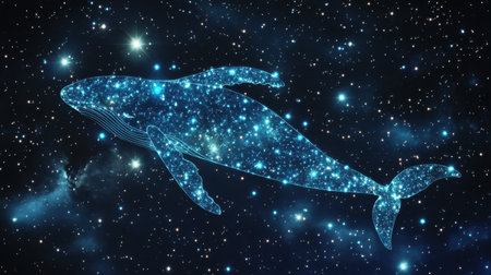 A constellation of stars forming the shape of a blue whale, floating majestically in the night sky, surrounded by distant galaxiesの素材
