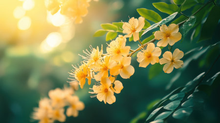 A close-up of blooming acacia flowers, their delicate yellow blossoms standing out against a backdrop of lush green leaves in the sunlightの素材