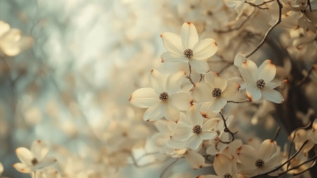 A dogwood tree in full bloom, with clusters of soft white flowers swaying gently in the breeze, set against a tranquil backgroundの素材