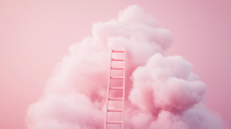 A minimalistic image of a step ladder leading up to fluffy pink clouds, with a soft pink background, symbolizing aspiration and dreamsの素材