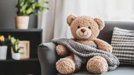A charming teddy bear sitting with a soft cloth draped over its lap, positioned in a cozy, inviting roomの素材