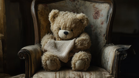A fluffy teddy bear holding a piece of soft cloth, positioned on a chair, offering a sense of calm and warmthの素材