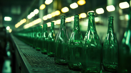 A row of empty green glass bottles moving along a production line, reflecting factory lights in a brewery bustling environmentの素材