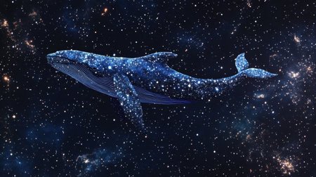 A constellation of stars forming the shape of a blue whale, floating majestically in the night sky, surrounded by distant galaxiesの素材