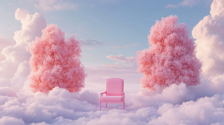 A pink chair positioned between two pastel trees, suspended in a sea of fluffy clouds, creating a tranquil and surreal landscapeの素材