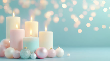 A serene 3D render of Christmas candles burning with pastel flames, set against a light pastel blue background, blending festive warmth with soft colorsの素材