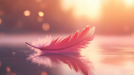 A soft red feather gracefully floating through a calm, blurred background, its delicate structure highlighted by gentle lightの素材