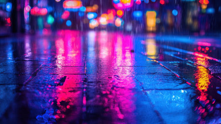 Abstract dark street scene with neon lights reflecting off the wet asphalt, evoking a futuristic and atmospheric vibe in an empty urban spaceの素材