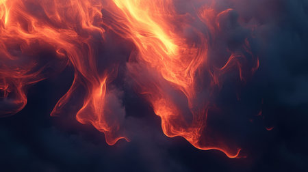 A dark backdrop with vibrant orange smoke billowing in soft, swirling patterns, highlighting the contrast between light and shadow in a highly realistic imageの素材
