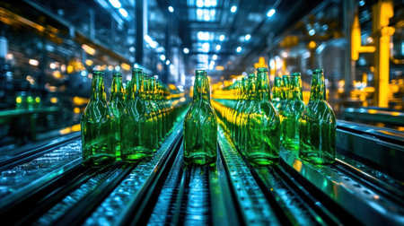 Lustrous green glass bottles on a conveyor belt in a beer factory, reflecting vibrant industrial lighting, awaiting fillingの素材