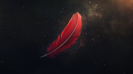 A single red feather drifting gracefully through space, captured mid-flight, evoking a sense of lightness and freedomの素材