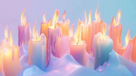A serene 3D render of Christmas candles burning with pastel flames, set against a light pastel blue background, blending festive warmth with soft colorsの素材