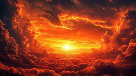 A sky ablaze with fiery orange hues, as the setting sun casts dramatic light across the horizon, turning the clouds into a burning spectacleの素材