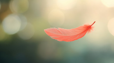 A delicate red feather floating gently through the air, suspended in motion against a soft, blurred backgroundの素材
