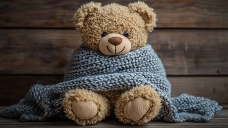 A soft, cuddly teddy bear wrapped in a cozy cloth, sitting on a wooden surface, exuding warmth and comfort in a charming, serene settingの素材
