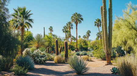 A desert botanical garden in Phoenix with palm trees, succulents, and cacti thriving in an oasis of greenery amid the desertの素材