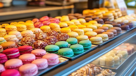Brightly colored macarons on display in a bakery, arranged in an aesthetically pleasing pattern, highlighting their varietyの素材
