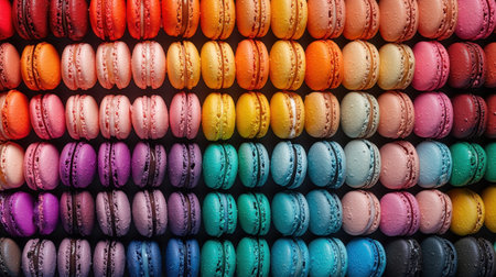 A vibrant display of colorful macarons, arranged neatly in rows, each representing a unique flavor, ready to entice dessert loversの素材