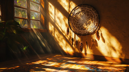 Soft light filters through a window, illuminating a handcrafted dream catcher, with shadows dancing on the floorの素材