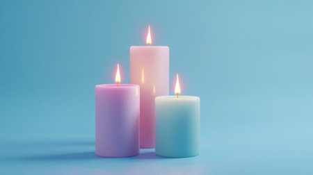 Delicate Christmas candles with pastel-colored flames gently flickering in a 3D render, on a soft pastel blue background, creating a calm, festive ambianceの素材