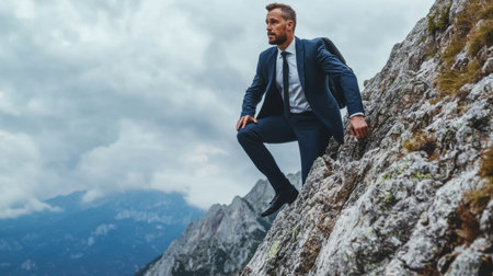Businessman climbing a steep mountain, determined expression, symbolizing the relentless pursuit of success and achievementの素材