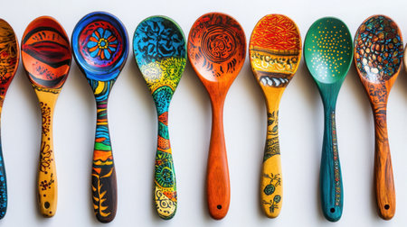 Vibrant hand-painted wooden spoons, laid out in a row, each featuring unique designs and patterns in bright, intricate colorsの素材