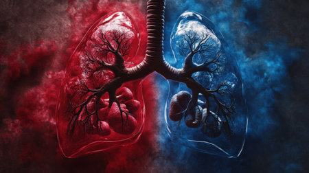 Human lungs displayed in a medical context, emphasizing diseases such as cancer, tuberculosis, and asthma, with a striking red and blue backgroundの素材