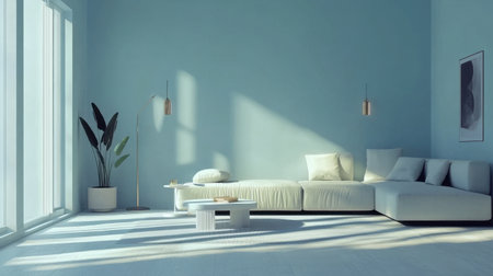 Modern living room with light blue walls and minimalist decor, enhanced by generative AI creativity, offering a relaxing and innovative spaceの素材