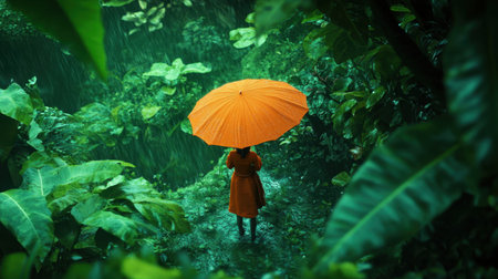Rain pours gently over a character with an orange umbrella, contrasting the vibrant greens of the surrounding foliage in a whimsical, nature-filled momentの素材