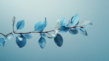 An isolated blue branch with a few delicate leaves, floating against a blank backdrop, offering a unique and calm aestheticの素材