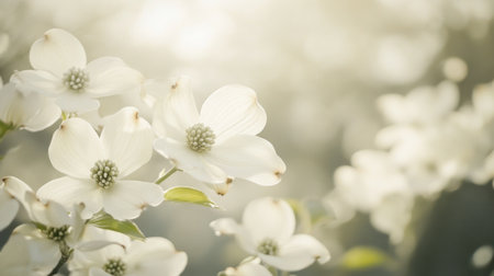 Close-up of blooming dogwood tree flowers, with clusters of white petals creating a serene, springtime atmosphere in a lush garden settingの素材