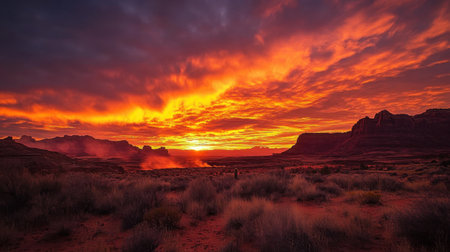 The sky ignites in shades of orange and red as the sun sets, casting a fire-like glow across the landscape in a stunning display of nature's beautyの素材