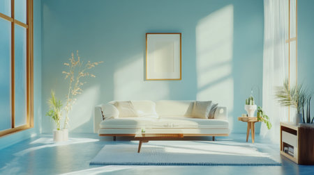 Modern living room with light blue walls and minimalist decor, enhanced by generative AI creativity, offering a relaxing and innovative spaceの素材