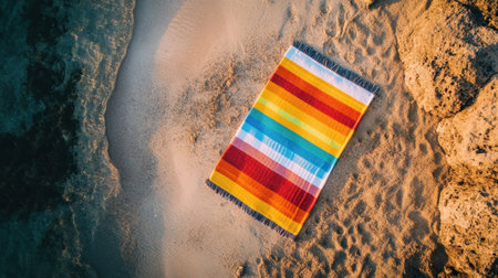 Aerial view of a colorful striped beach towel lying on sandy beach, offering a sunny and relaxing vibe. Space for text around the towel for creative designの素材