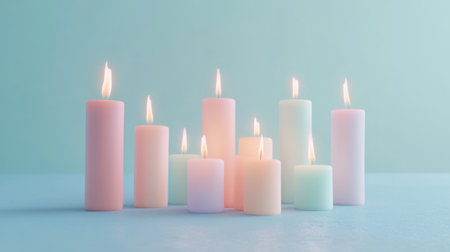 Delicate Christmas candles with pastel-colored flames gently flickering in a 3D render, on a soft pastel blue background, creating a calm, festive ambianceの素材