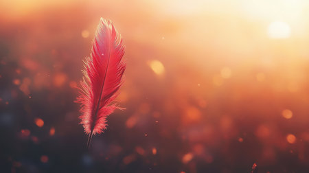 A vivid red feather suspended in air, caught in a moment of stillness, symbolizing fragility and freedom in a serene settingの素材