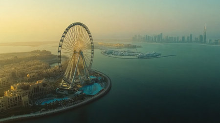 Ain Dubai ferris wheel and Bluewaters Island, viewed from above, showcasing the blend of leisure and luxury in Dubai marina areaの素材