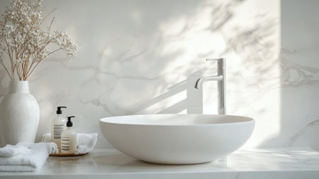 Marble countertop in a sleek bathroom interior, showcasing clean, modern white tones, with space for product displayの素材
