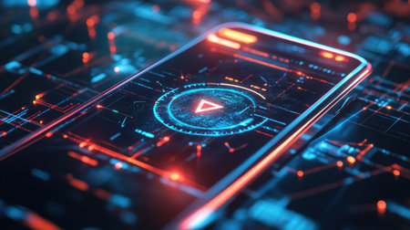 Smartphone displaying a digital world with a GPS arrow, blending virtual reality and technology for futuristic navigation conceptsの素材