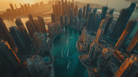 Stunning aerial shot of Ain Dubai on Bluewaters Island, with the vibrant skyline of Dubai Marina, capturing the essence of modern Dubaiの素材