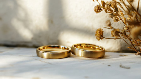 A close-up of a pair of gold wedding rings resting on a white surface, highlighting their timeless beauty and commitment.の素材