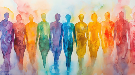 A vibrant watercolor painting of diverse human figures, celebrating unity and inclusion, ideal for community and diversity themesの素材