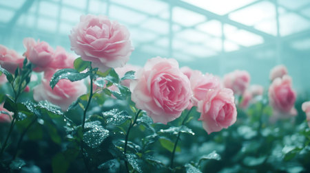 Pink roses flourish inside a large greenhouse, rows of vibrant flowers stretching under a glass ceiling, creating a tranquil production setting.の素材