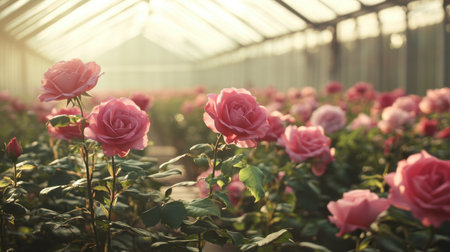 Field of vibrant pink roses growing under a greenhouse, their delicate petals illuminated by natural light filtering through the roof.の素材