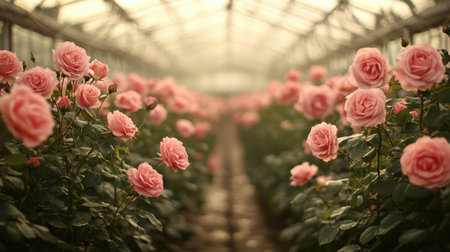 Rows of pink roses in full bloom under a greenhouse, showcasing the controlled, lush environment of commercial flower production.の素材