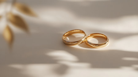Macro shot of two gold wedding rings on a pristine white background, capturing their elegance and symbolic connection.の素材