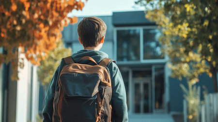 A boy wearing a backpack walks confidently towards the entrance of a school building, symbolizing a fresh start and new beginnings.の素材