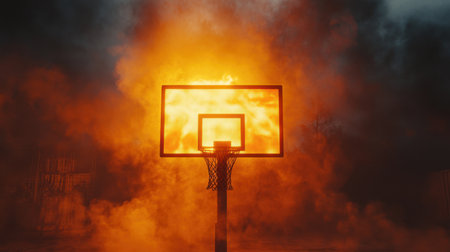 A basketball hoop with an orange backlight and rising smoke, giving off a powerful, action-packed vibe in a street basketball setting.の素材